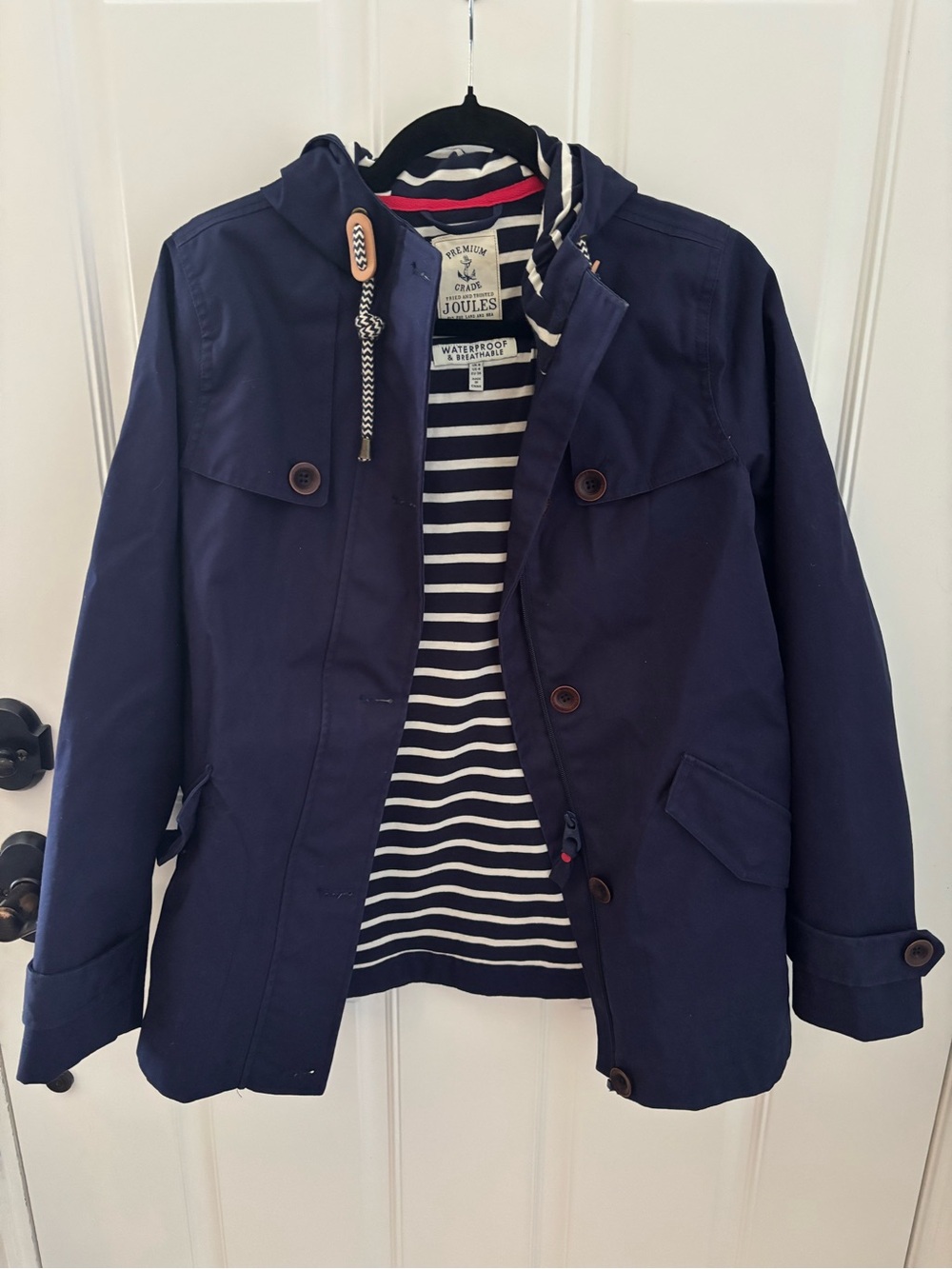 Joules Navy Hooded Waterproof Kids Raincoat with Striped Lining